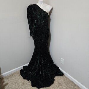 Sz L Miss Ord Dk Green Velvet-Sequin One-Shoulder Mermaid Gown Reversible Cutout